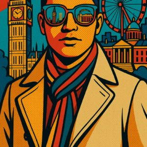 Man in trench coat with London skyline – woven cotton blanket design