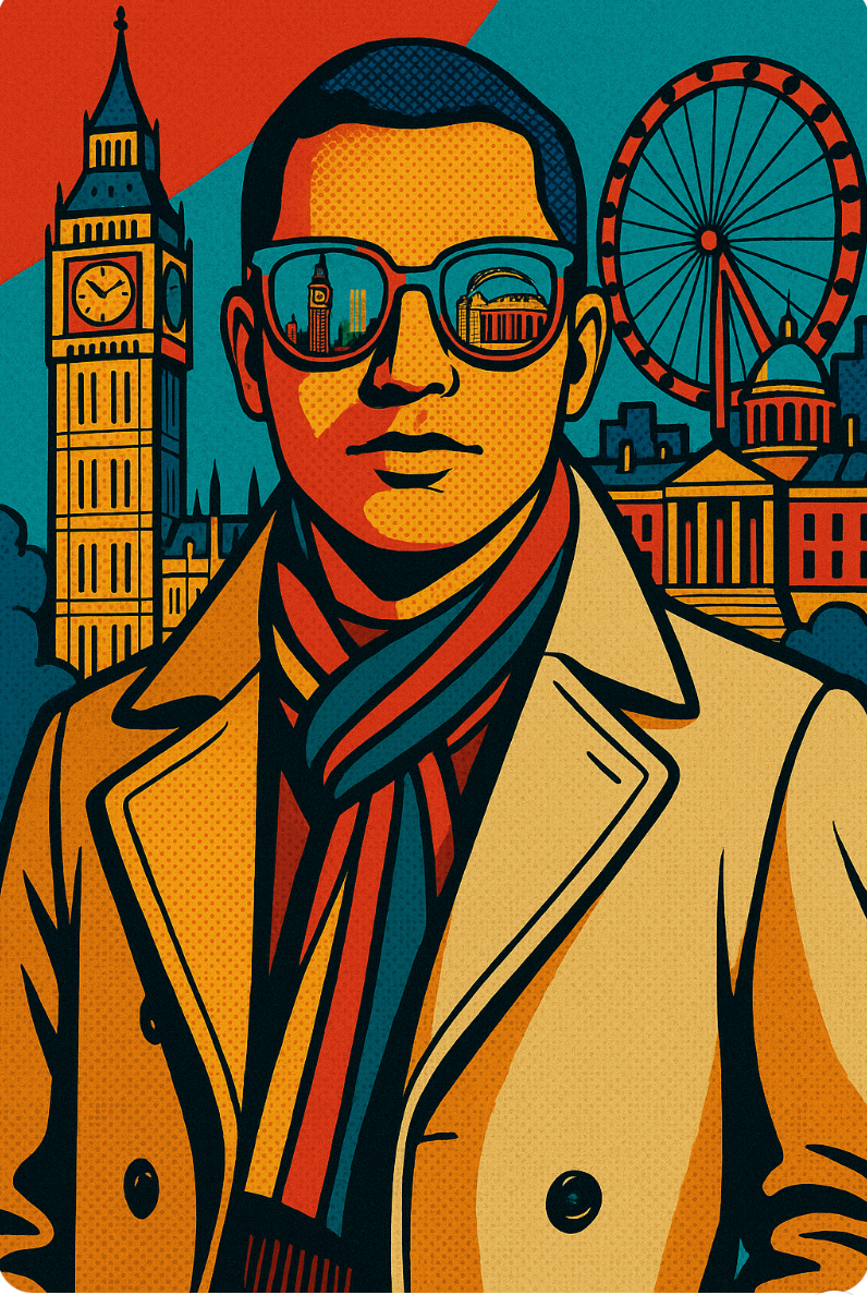 Man in trench coat with London skyline – woven cotton blanket design