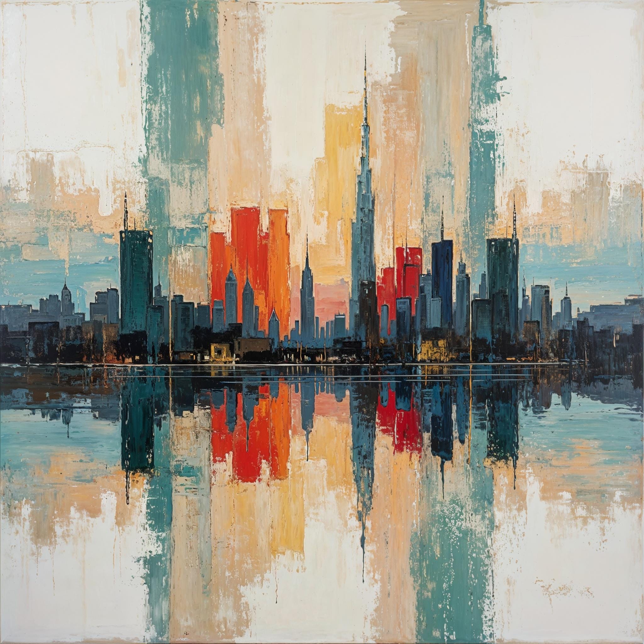 Abstract New York skyline canvas art with mirrored reflection and layered sunset brushstrokes in red, gold, and teal. Bold modern cityscape wall decor.