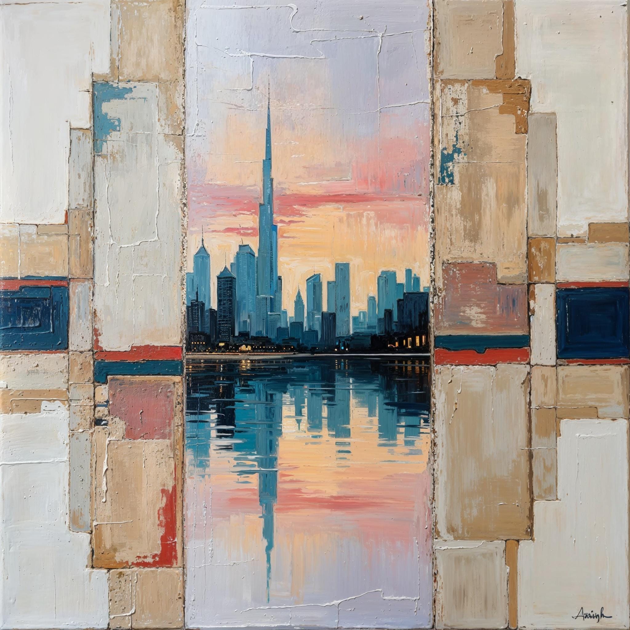 Dubai II skyline canvas art with abstract framing and pastel cityscape reflections in gold and coral tones