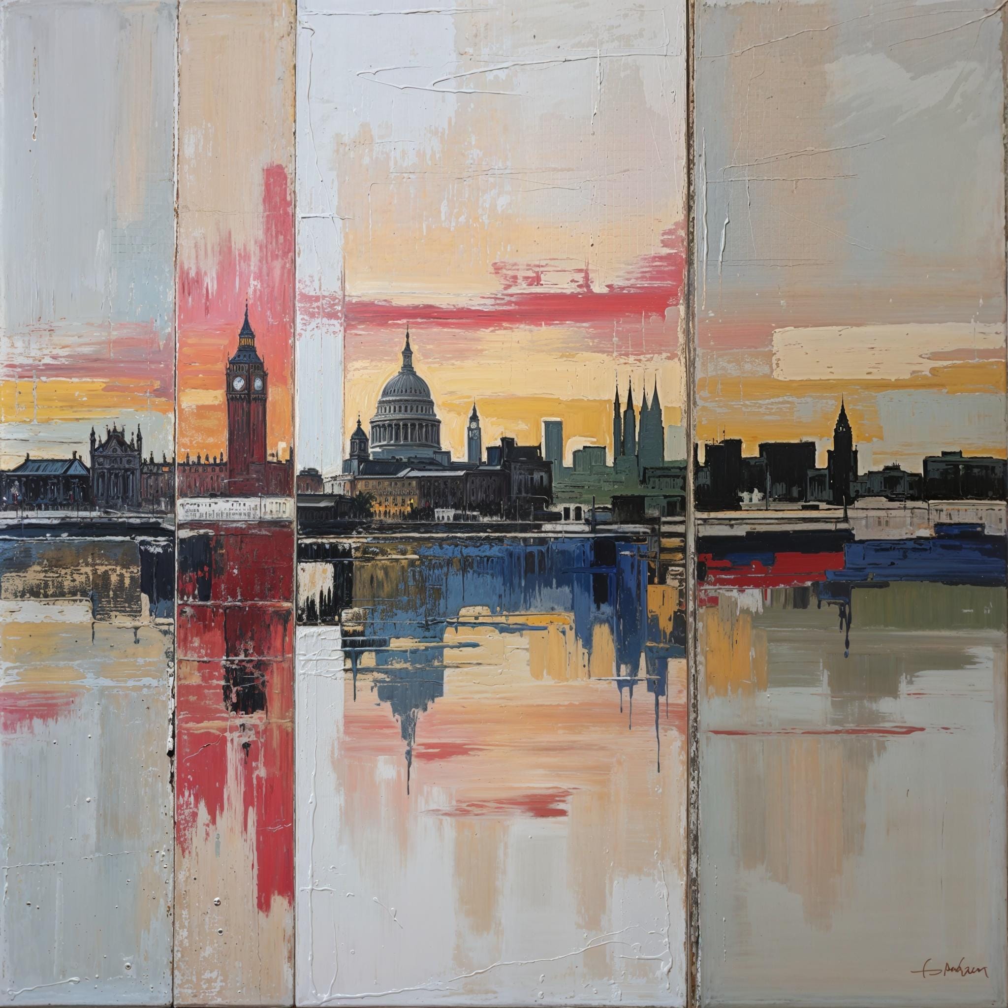Abstract painting of London skyline at sunset featuring Big Ben and St. Paul’s Cathedral with mirrored river reflections. Framed canvas wall art, 91×91 cm.