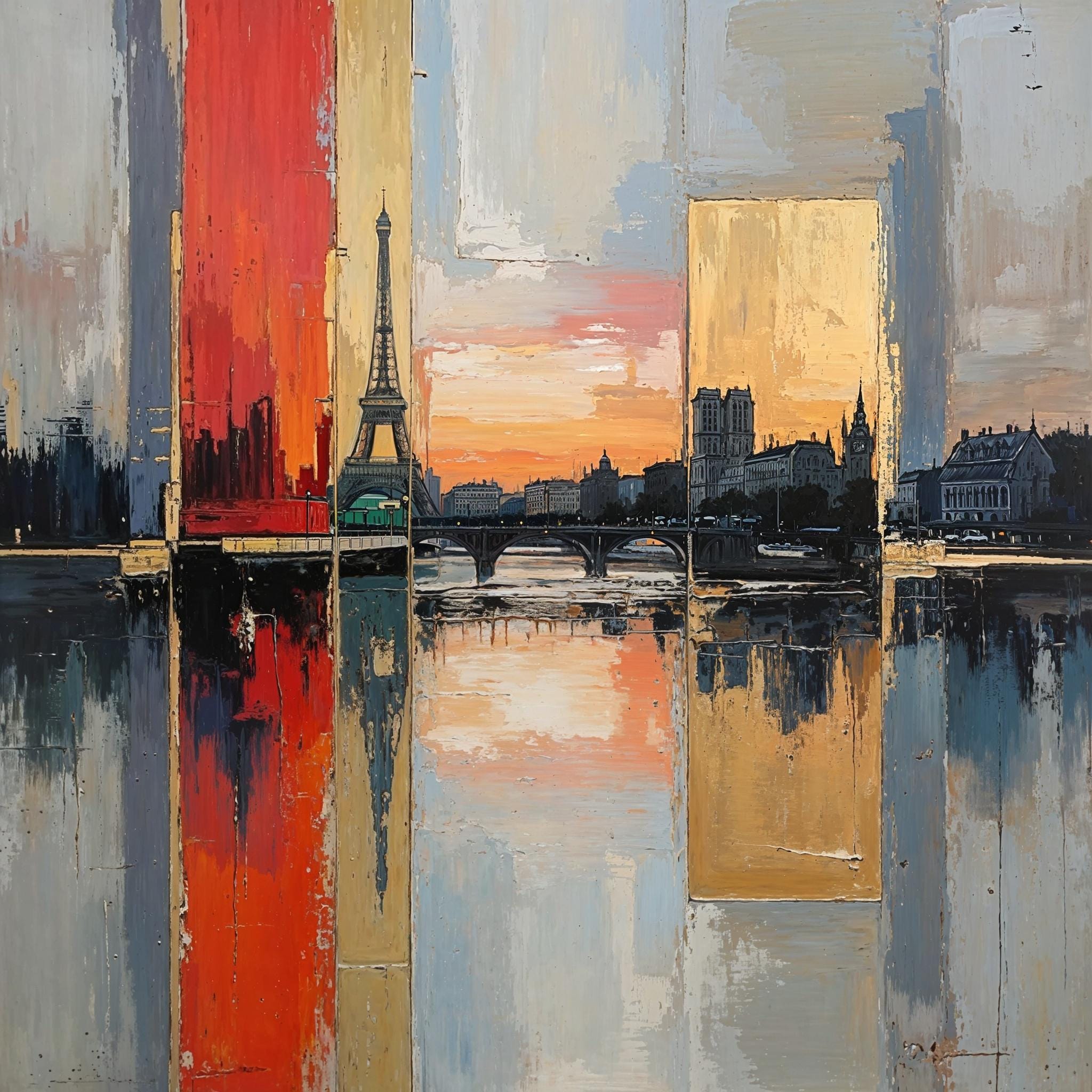 Paris skyline abstract canvas print with Eiffel Tower and Seine reflection, sunset palette – framed and ready to hang
