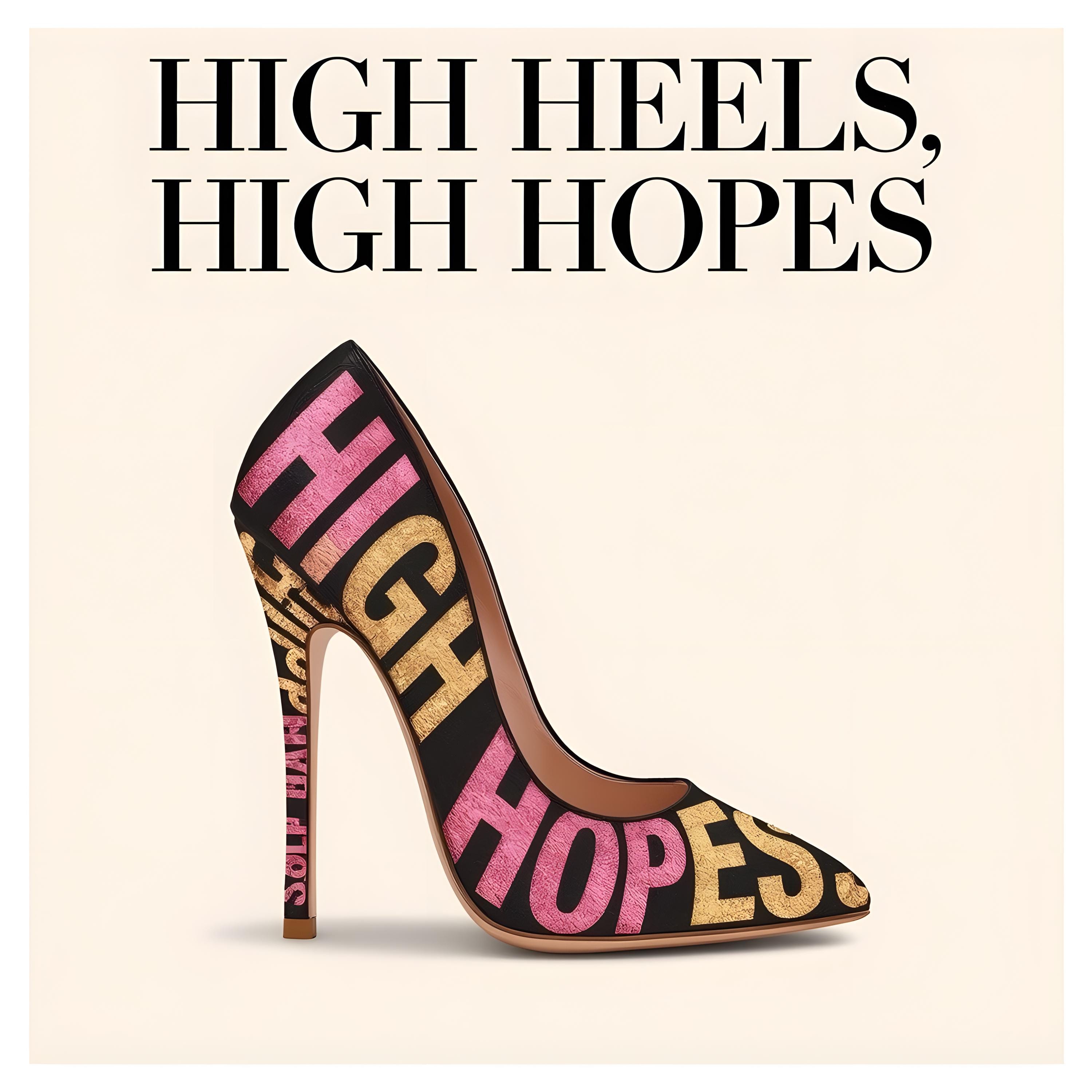 Framed wall art of a high heel shoe with the words “High Hopes” printed across the surface in pink, set below the headline “High Heels, High Hopes.”