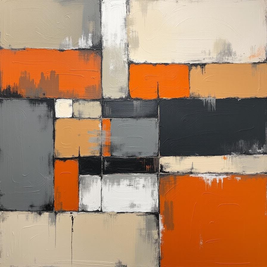 Geometric abstract canvas artwork in bold orange, grey, beige, black, and white blocks with a textured, painted look — modern minimalist design titled "Urban Horizons."