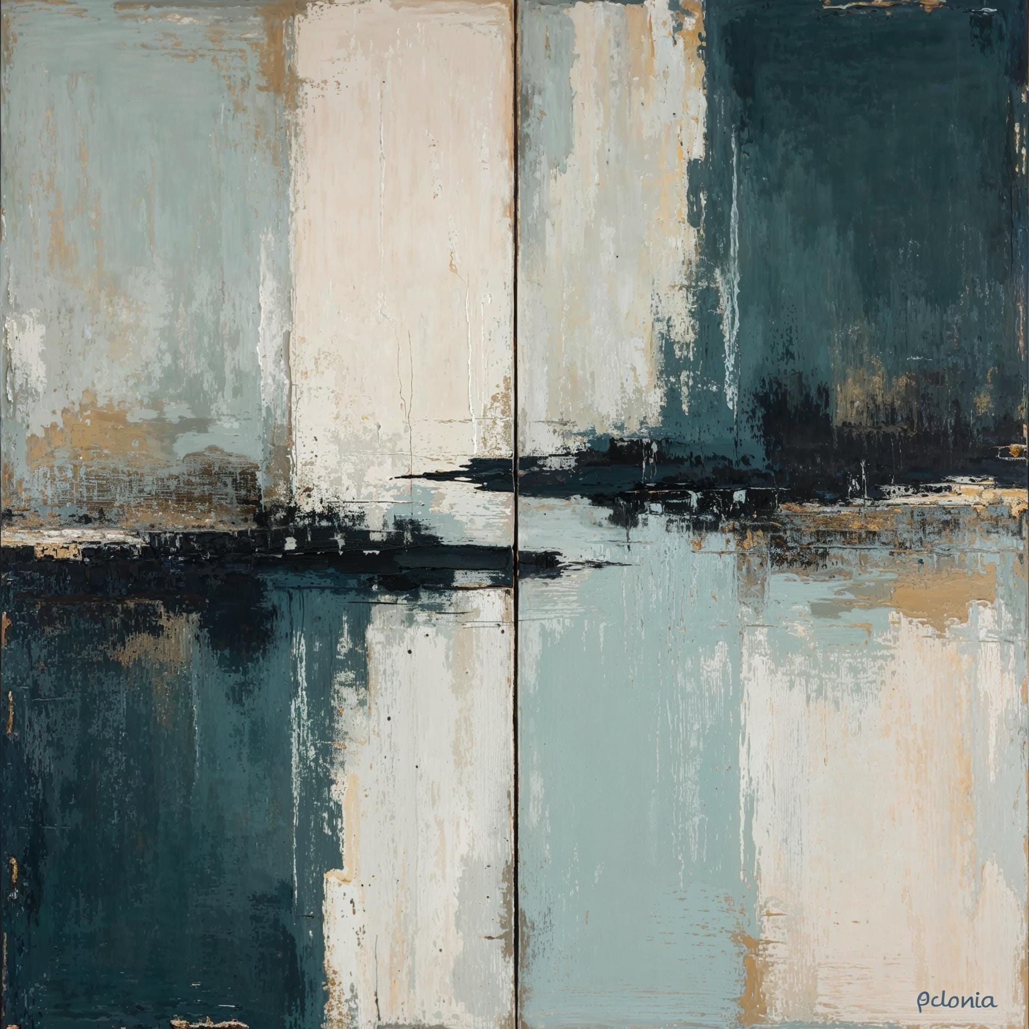 Abstract teal and beige canvas wall art titled “Shoreline Echo” with layered textures and coastal-inspired color palette.