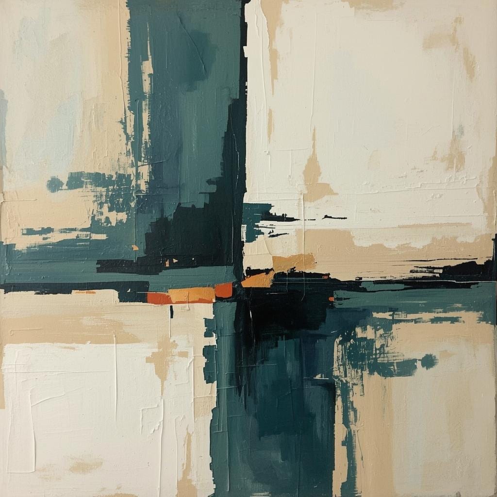 Abstract framed canvas featuring intersecting teal and beige brushstrokes with warm accents. Modern minimalist design titled “Crosslight.”