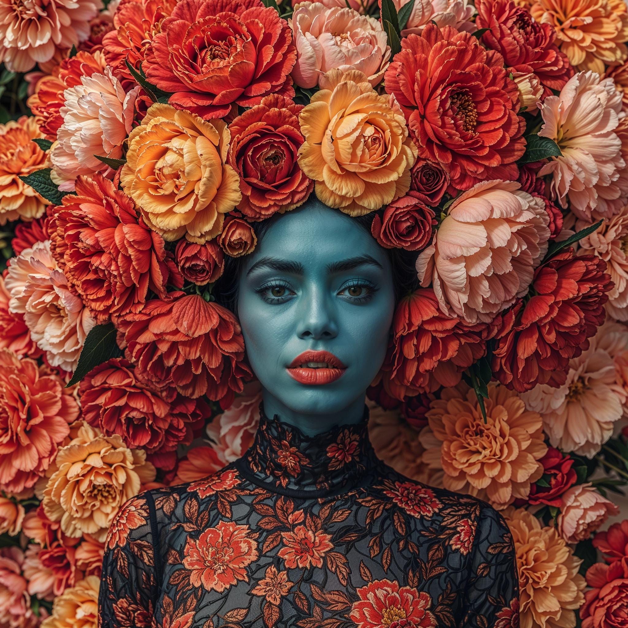 Blue-skinned woman with floral crown in red-orange tones, acrylic art print