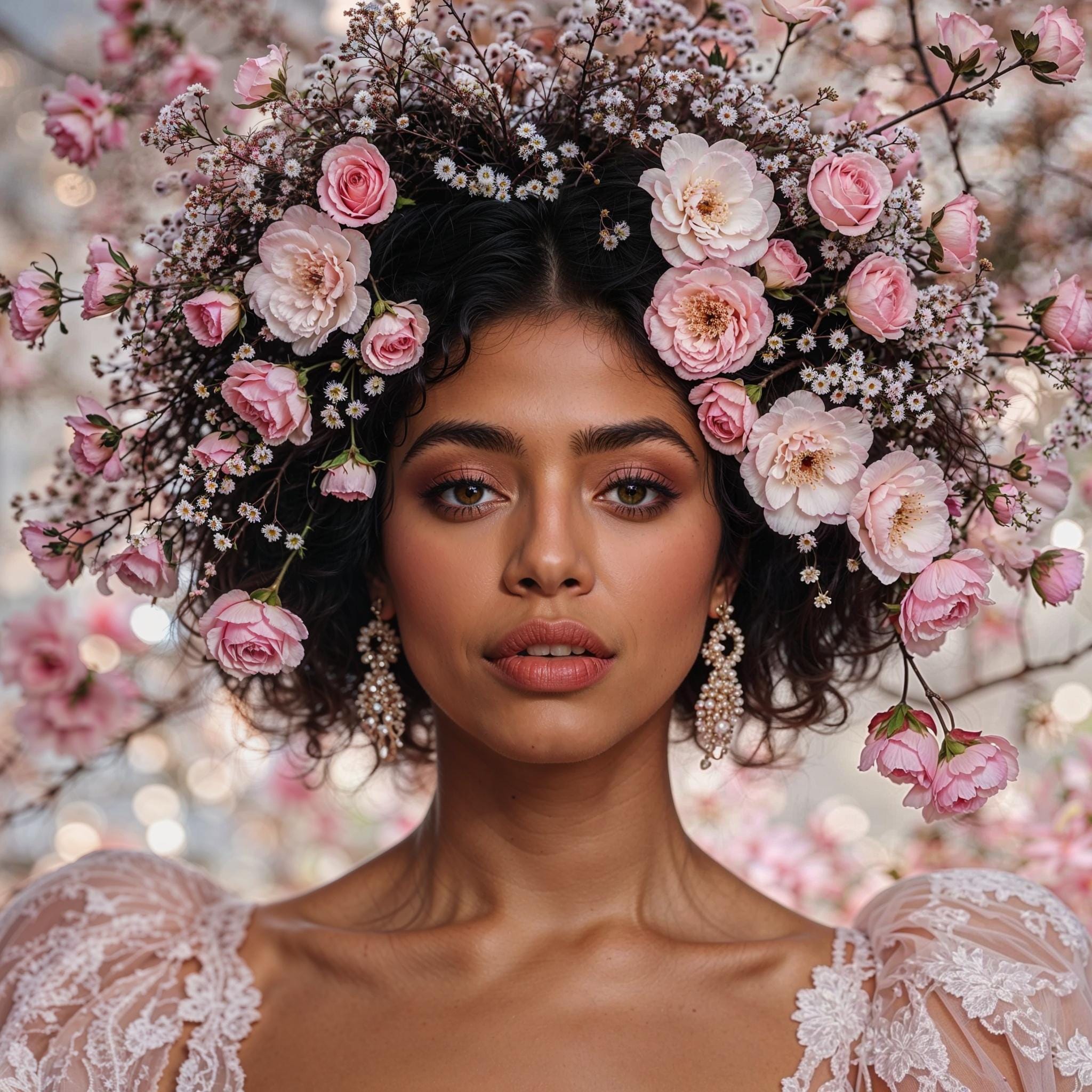 Romantic portrait of a woman with blush pink roses and soft florals in her hair, featured on high-gloss acrylic wall art.