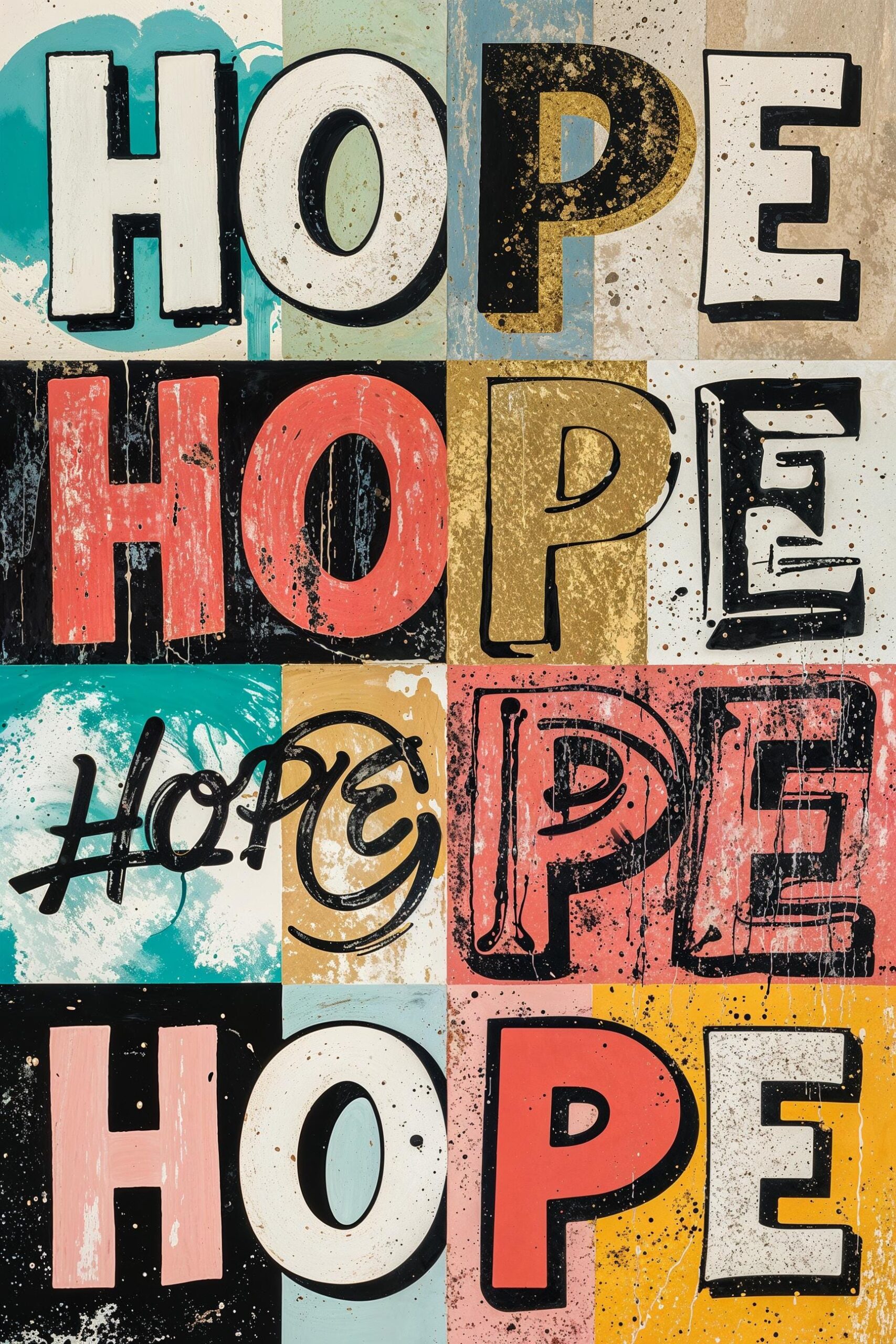 Grungy street art collage with black-and-white stencil lettering, neon green highlights, and distressed urban layers.