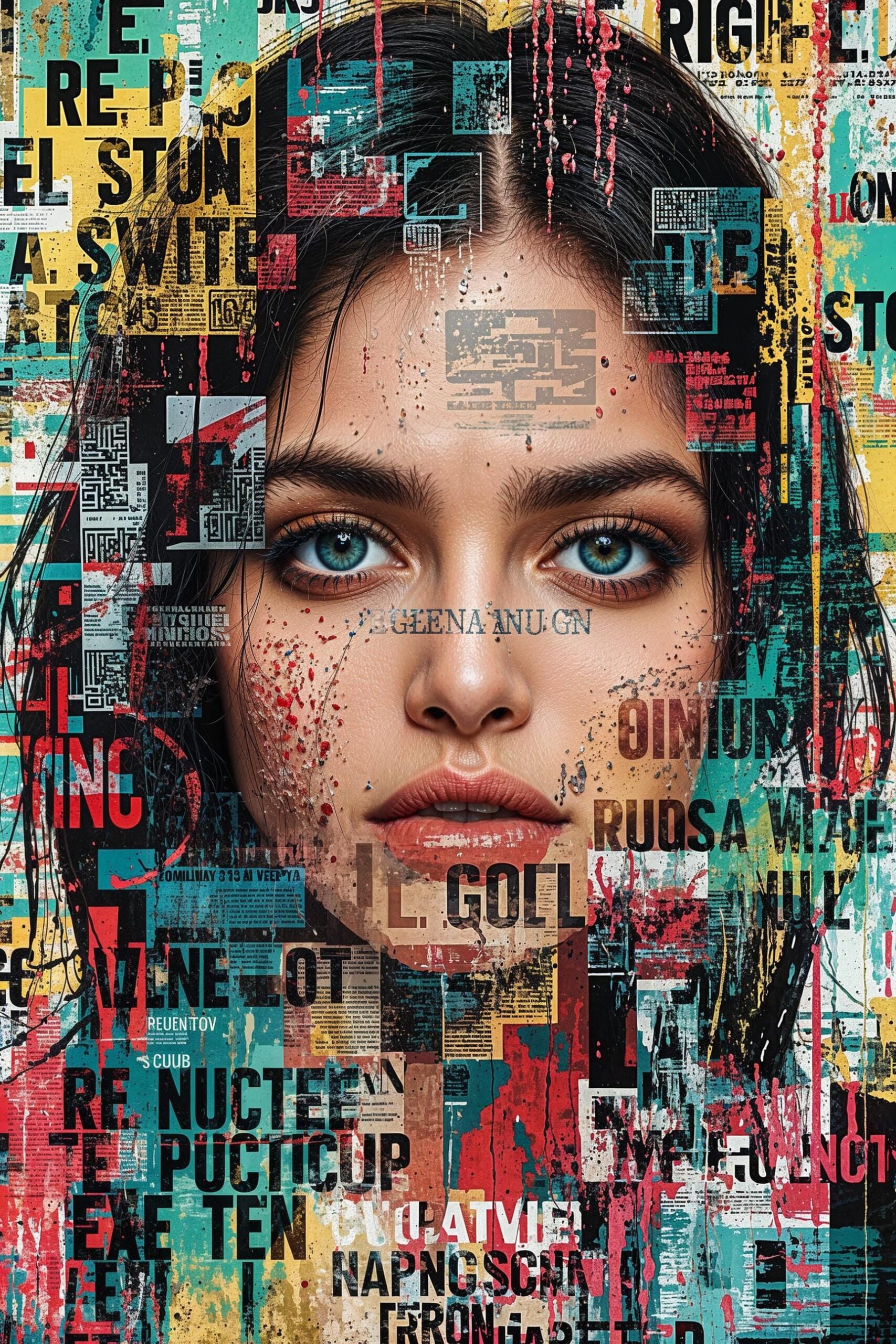 Street art poster featuring neon skulls, stencil graffiti, and torn billboard textures in a bold, layered composition.