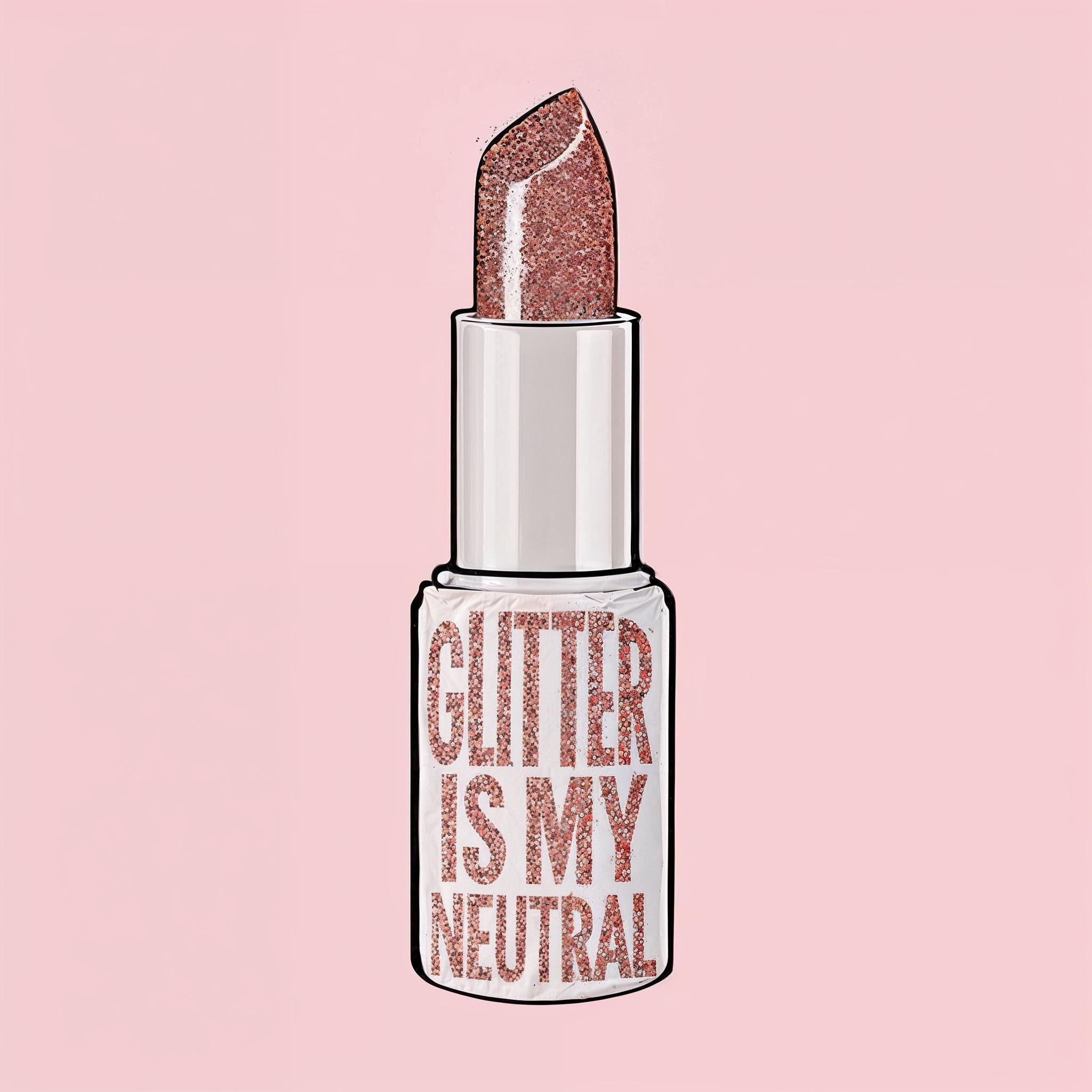 Typographic lipstick illustration with glitter effect and blush background, framed wall art for glam interiors