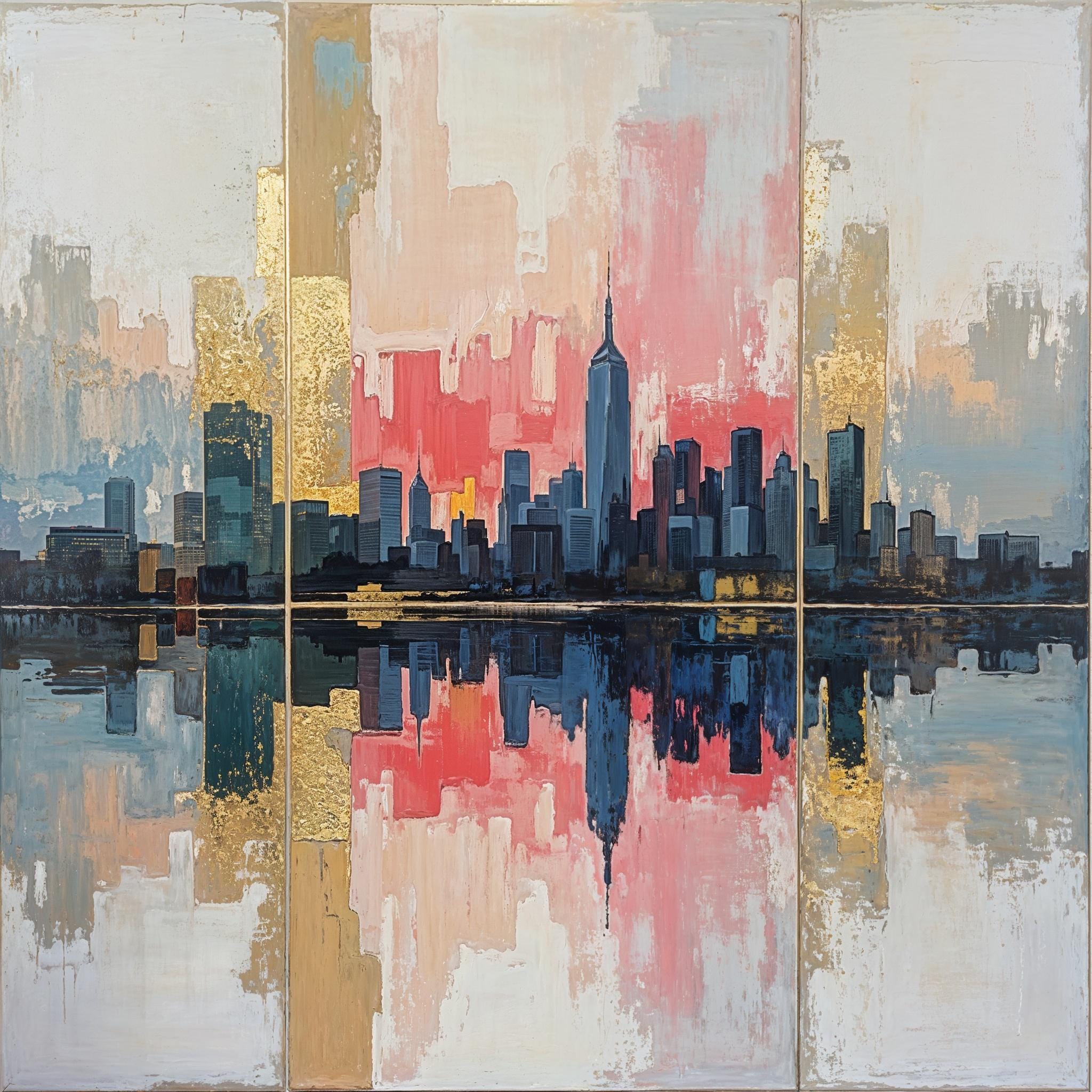 Abstract New York skyline canvas art with mirrored reflection and layered sunset brushstrokes in red, gold, and teal. Bold modern cityscape wall decor.