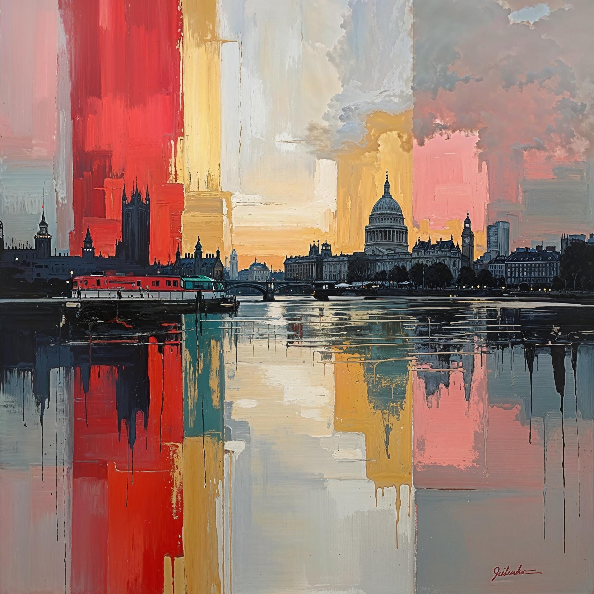 Abstract London skyline canvas art with mirrored Thames reflection, vivid brushstrokes in red, gold, and grey tones, framed 91x91 cm.