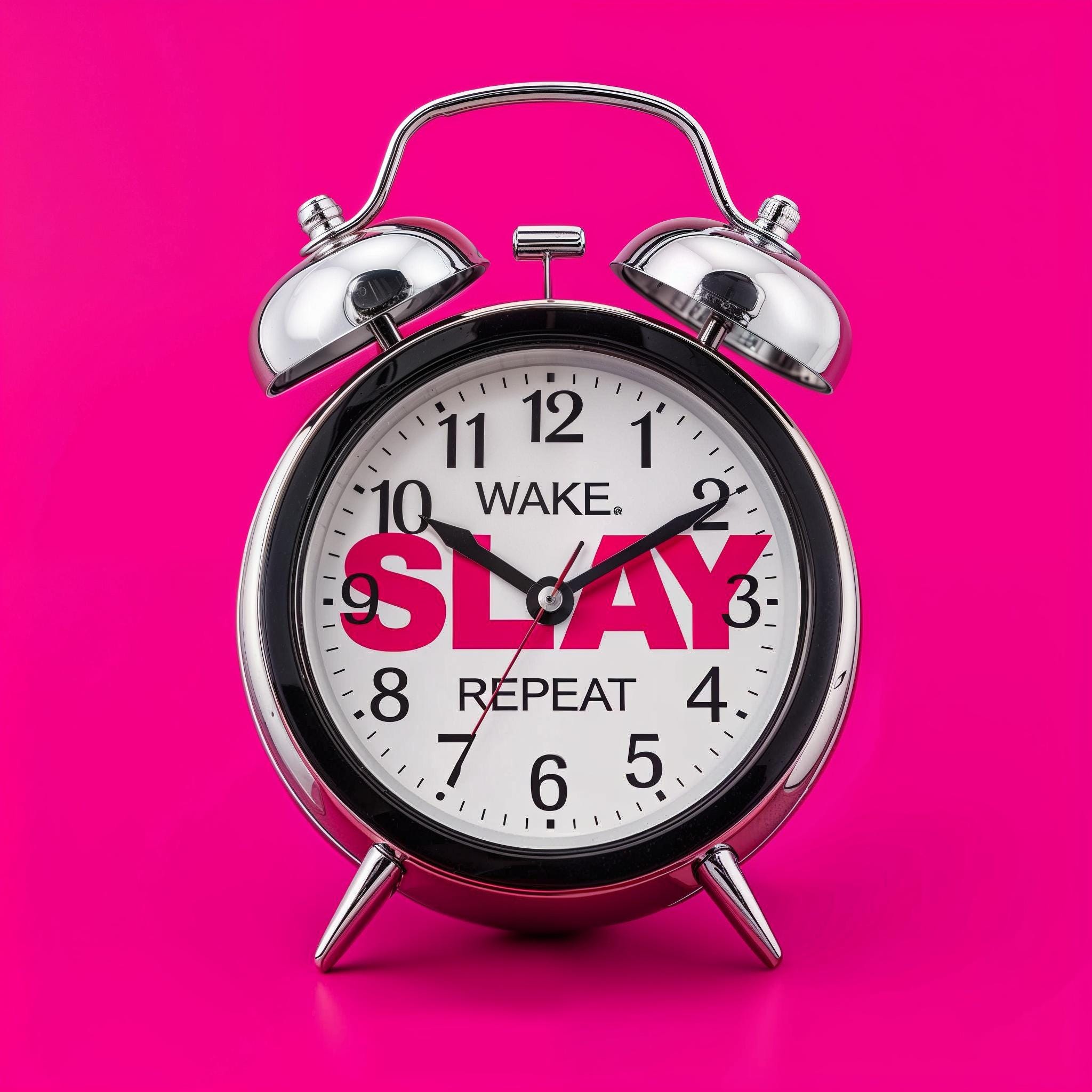 Framed art print of a silver vintage alarm clock on a hot pink background, with the words “Wake Slay Repeat” replacing the clock face numbers.