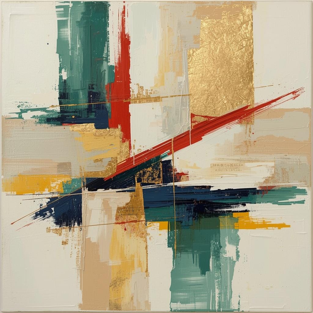 Dynamic abstract framed canvas artwork with angular red, gold, and navy brushstrokes intersecting on a neutral background. Titled “Momentum.”