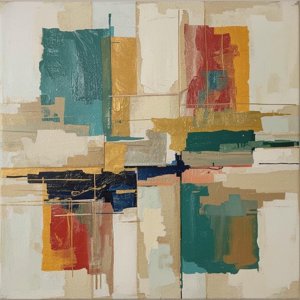 Add balance and color with “Equilibrium,” an abstract framed canvas showcasing bold blocks of teal, ochre, and red in a striking, modern grid.