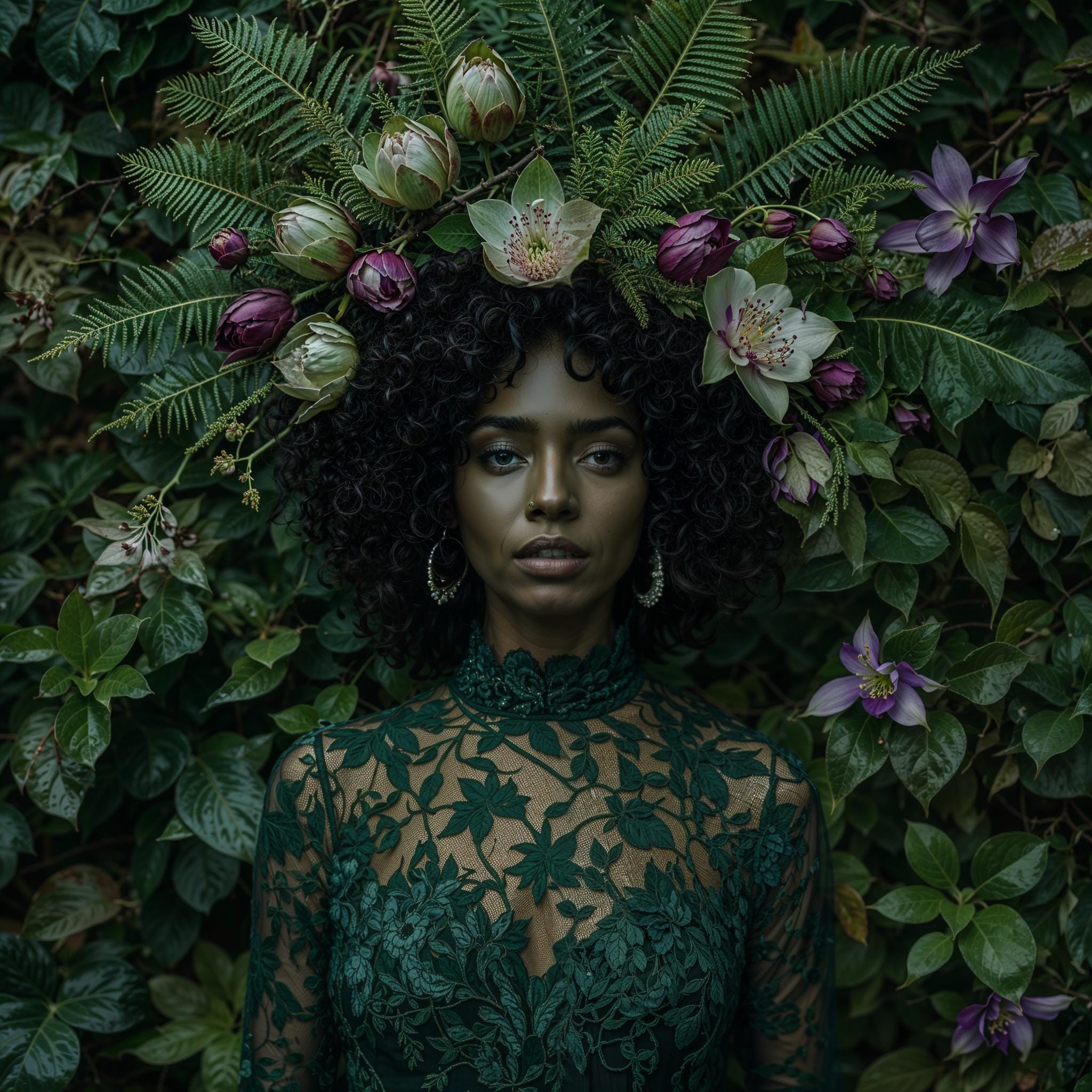 Woman in emerald lace dress with floral crown of proteas and ferns, acrylic wall art