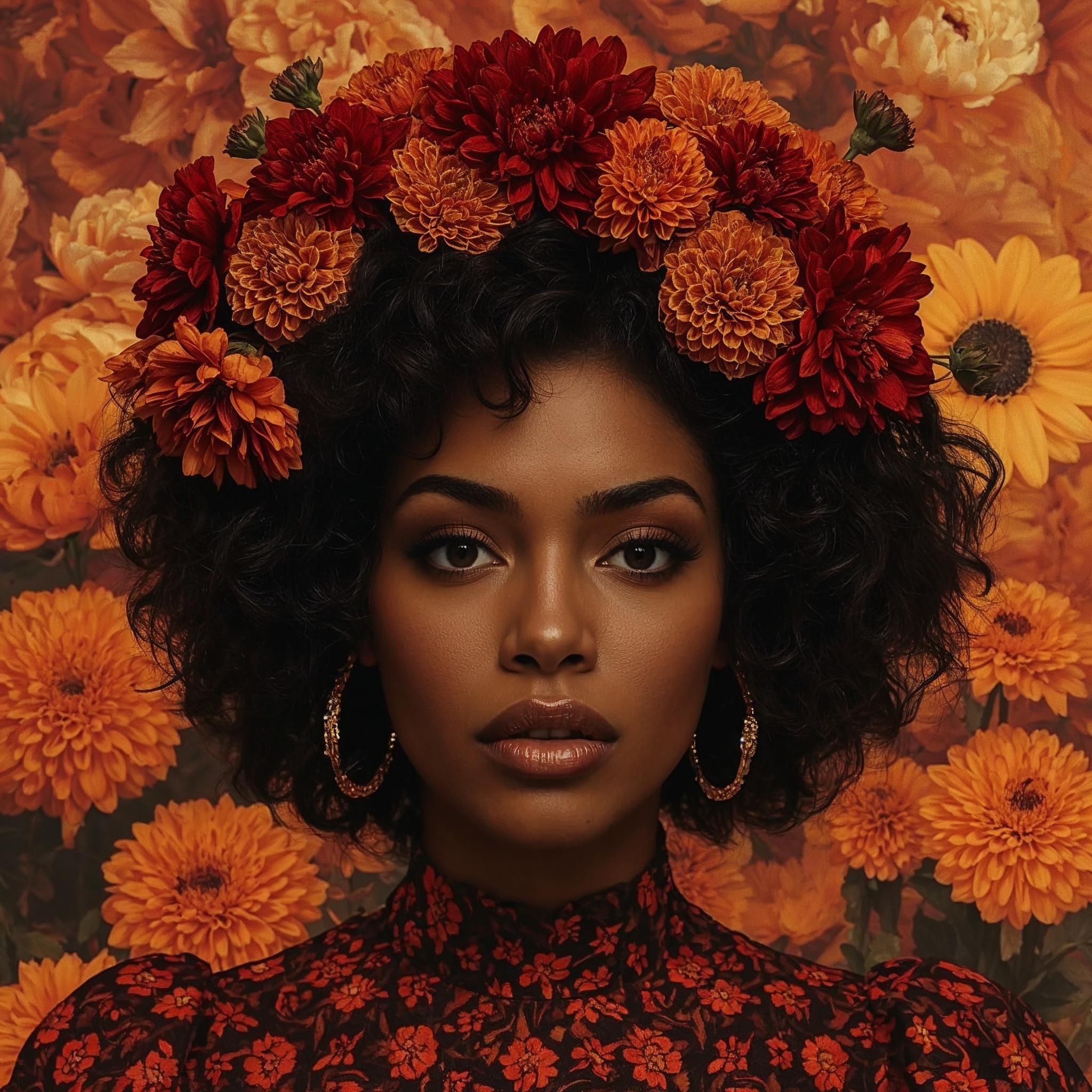 Afro woman in profile with burnt orange floral hair and autumn-toned makeup, featured on a sleek acrylic glass wall art print.