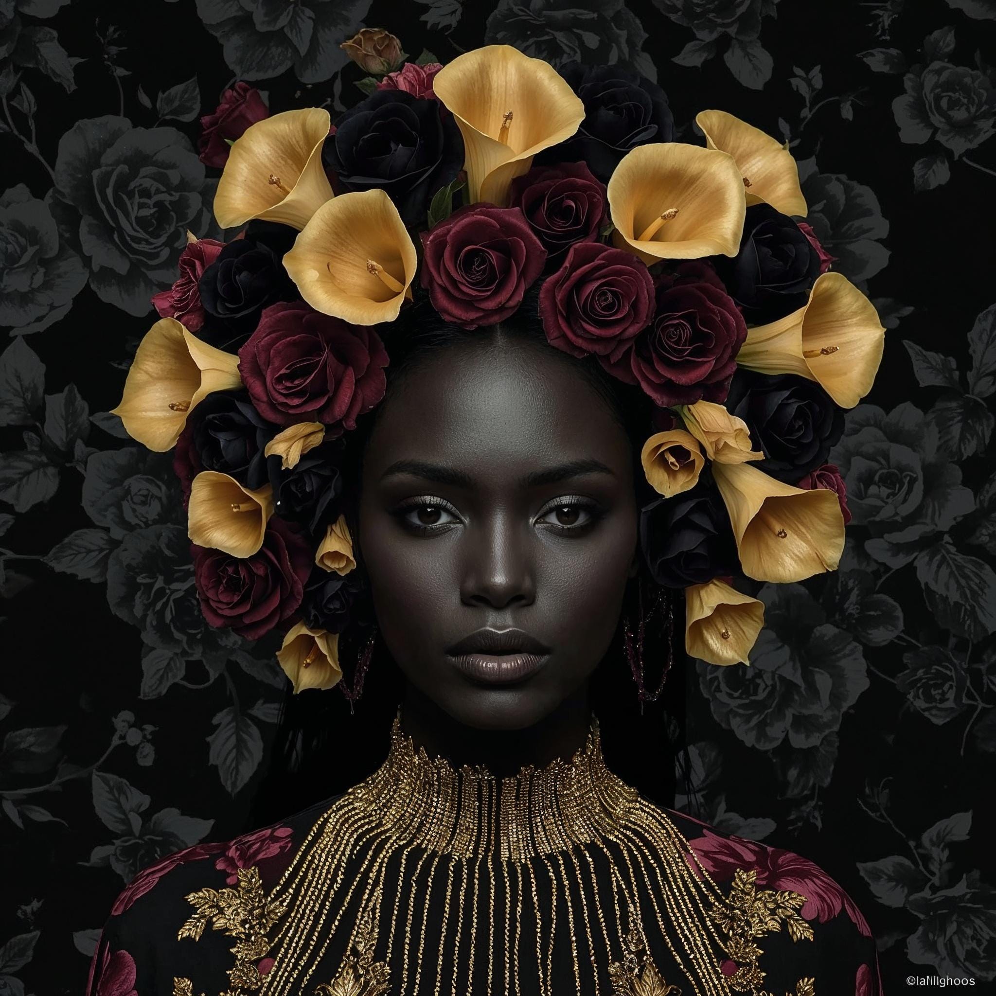 Woman with dark floral crown of gold calla lilies and burgundy roses