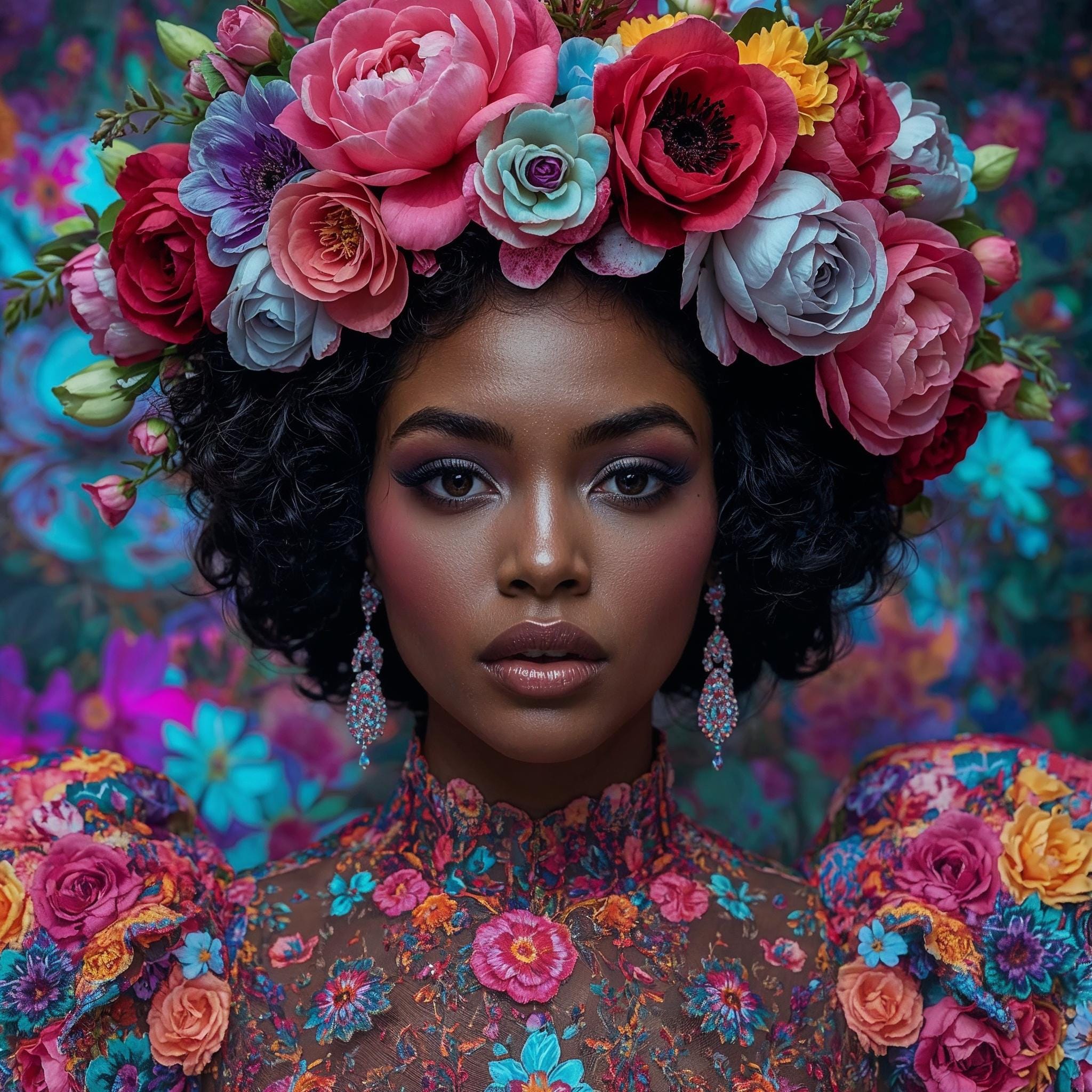 Woman with multicolor floral crown and couture dress, acrylic wall art