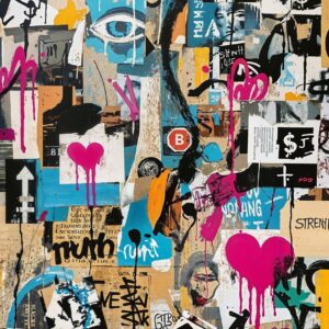 Street art collage with graffiti elements, hearts, arrows, and typography in urban grunge style on textured wall background – No. 01