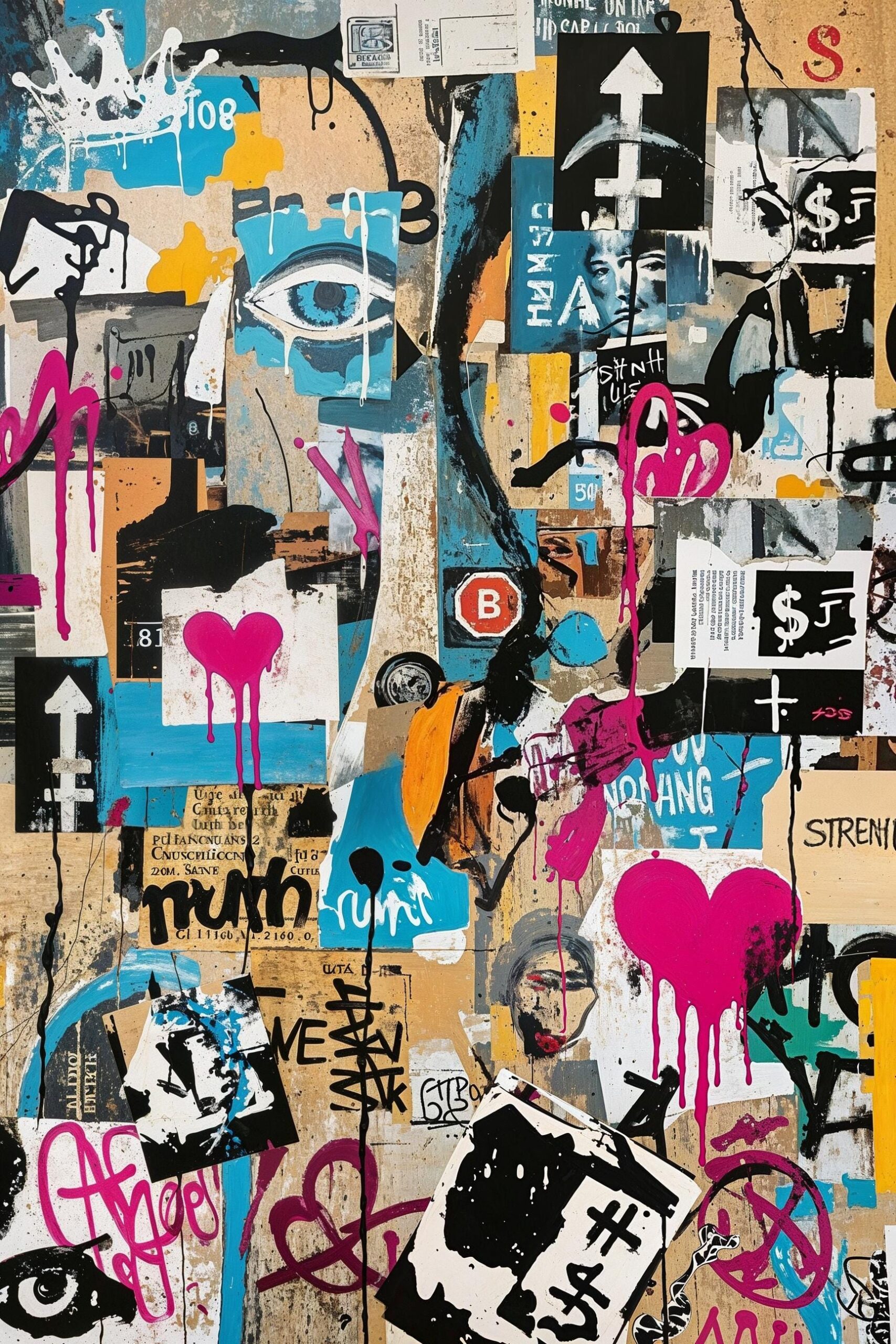 Street art collage with graffiti elements, hearts, arrows, and typography in urban grunge style on textured wall background – No. 01