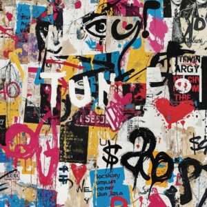Graffiti collage featuring a stylized red face mask layered with torn textures, bold spray paint, and expressive street typography