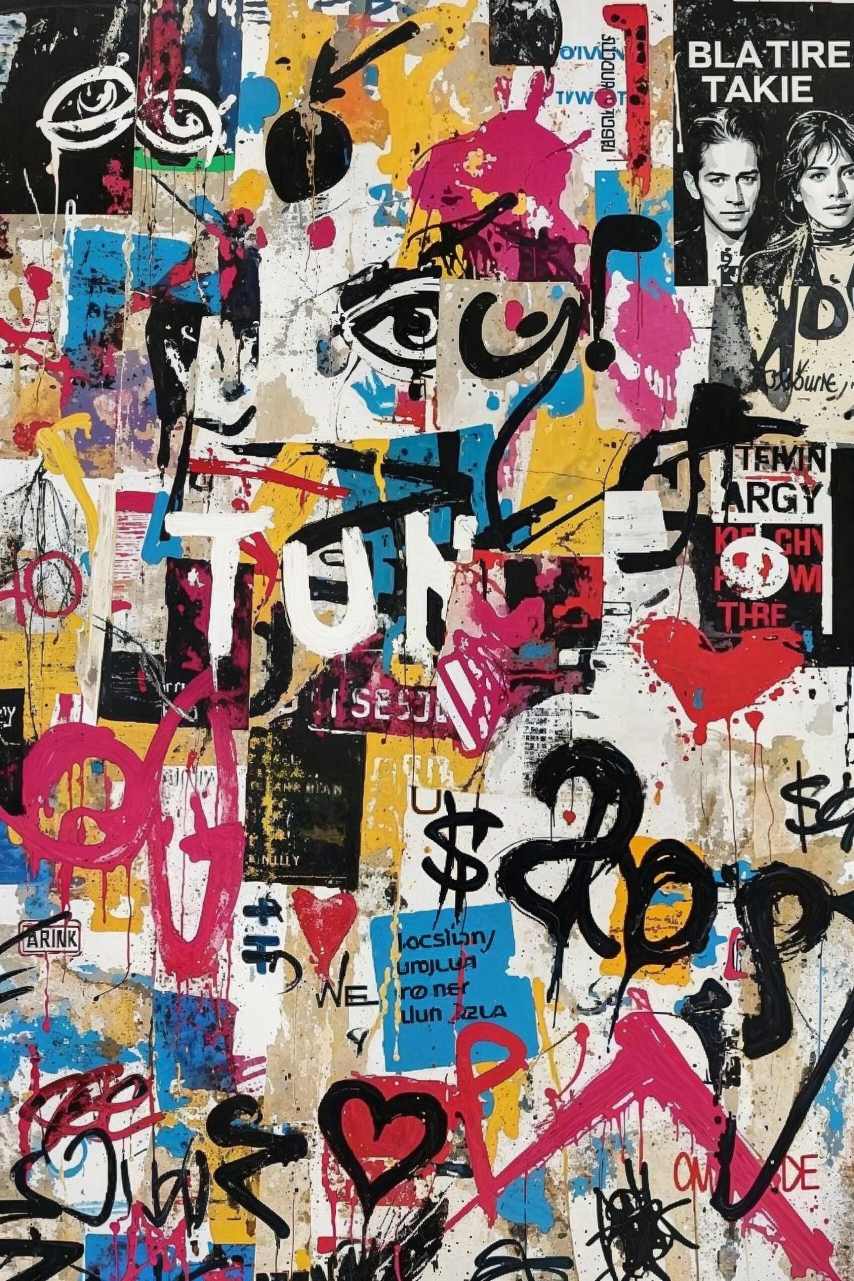 Graffiti collage featuring a stylized red face mask layered with torn textures, bold spray paint, and expressive street typography