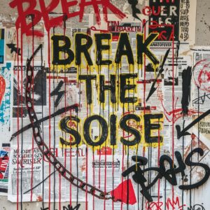 Street art poster with bold stencil figures, distressed textures, and vibrant red graffiti overlays on a concrete-style backdrop.