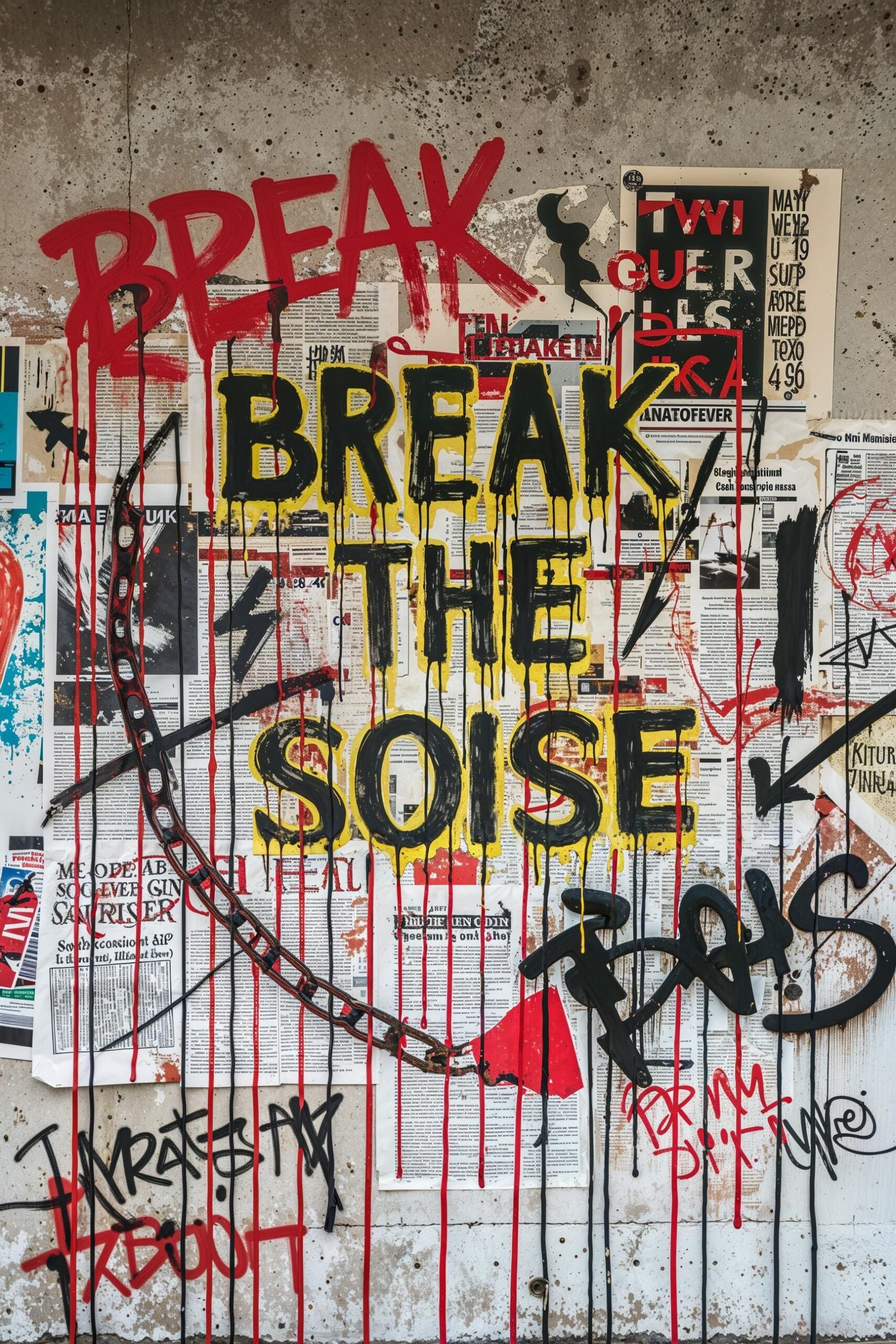 Street art poster with bold stencil figures, distressed textures, and vibrant red graffiti overlays on a concrete-style backdrop.