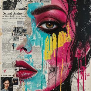 Moody urban collage with intense female eyes, cracked textures, graffiti overlays, and bold contrast in red and black.