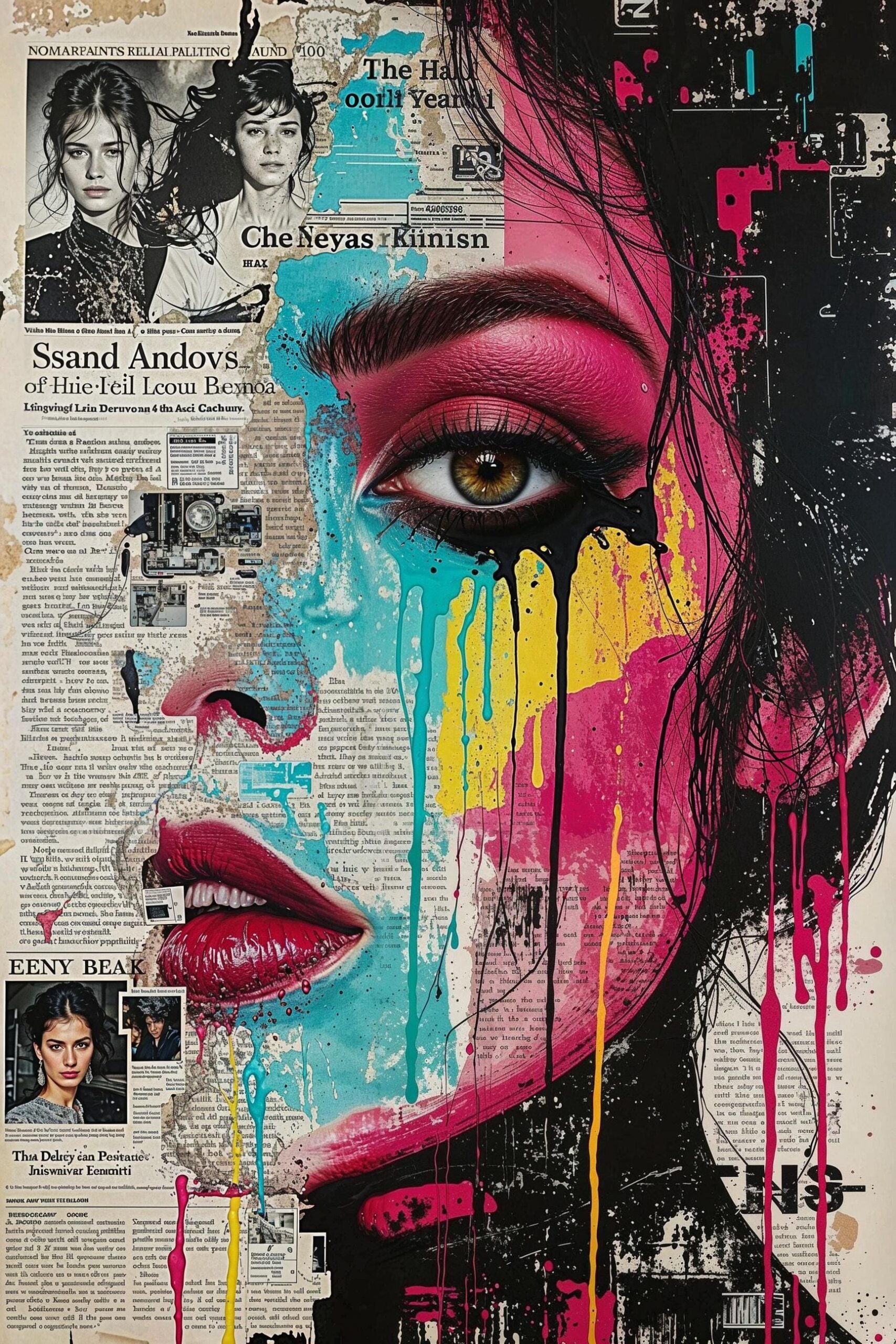 Moody urban collage with intense female eyes, cracked textures, graffiti overlays, and bold contrast in red and black.