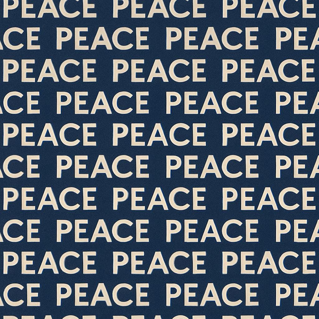 Repeating PEACE text in bold cream font on a navy blue background – modern minimalist design