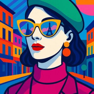 Pop Art portrait of a stylish woman in yellow sunglasses and green beret, with the Eiffel Tower reflected in her lenses and colorful Parisian buildings in the background.