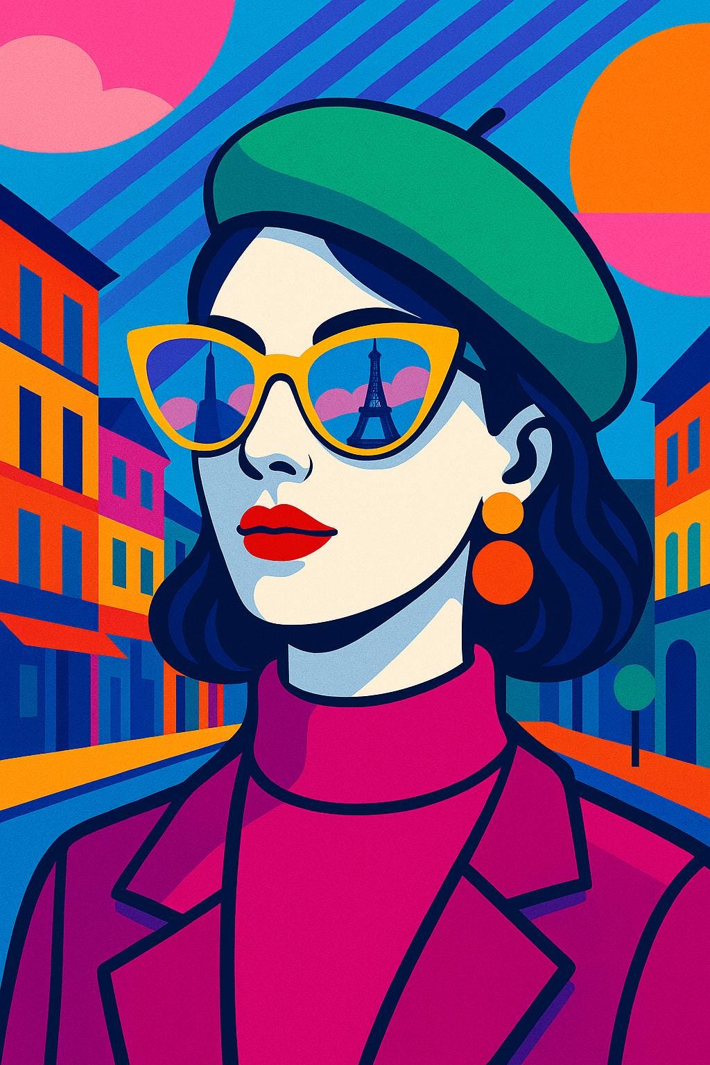 Pop Art portrait of a stylish woman in yellow sunglasses and green beret, with the Eiffel Tower reflected in her lenses and colorful Parisian buildings in the background.