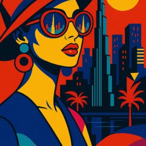 Pop-Art Illustration einer stilvollen Frau mit Sonnenbrille und Hut vor der Skyline von Dubai bei Sonnenuntergang.