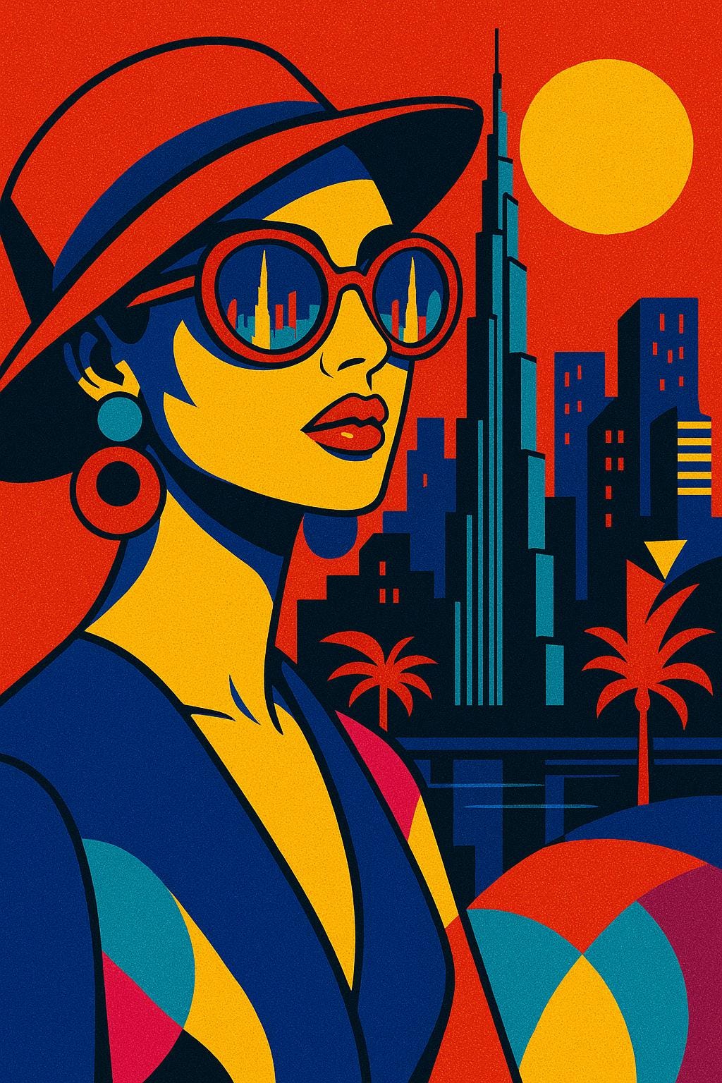 Pop-Art Illustration einer stilvollen Frau mit Sonnenbrille und Hut vor der Skyline von Dubai bei Sonnenuntergang.
